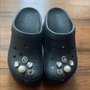 CROCS Platform Black Clogs with Elegant Charms